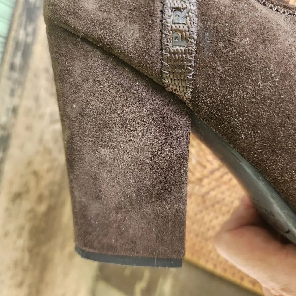Prada Ankle Boot, side zip Sz 38.5 Milano Brown Suede Leather, 3.75